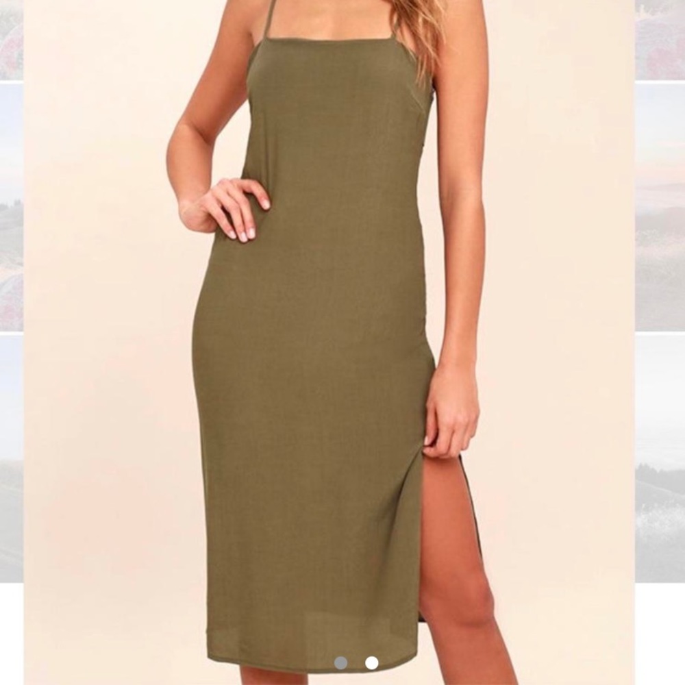 Lulu’s olive green midi dress with slit